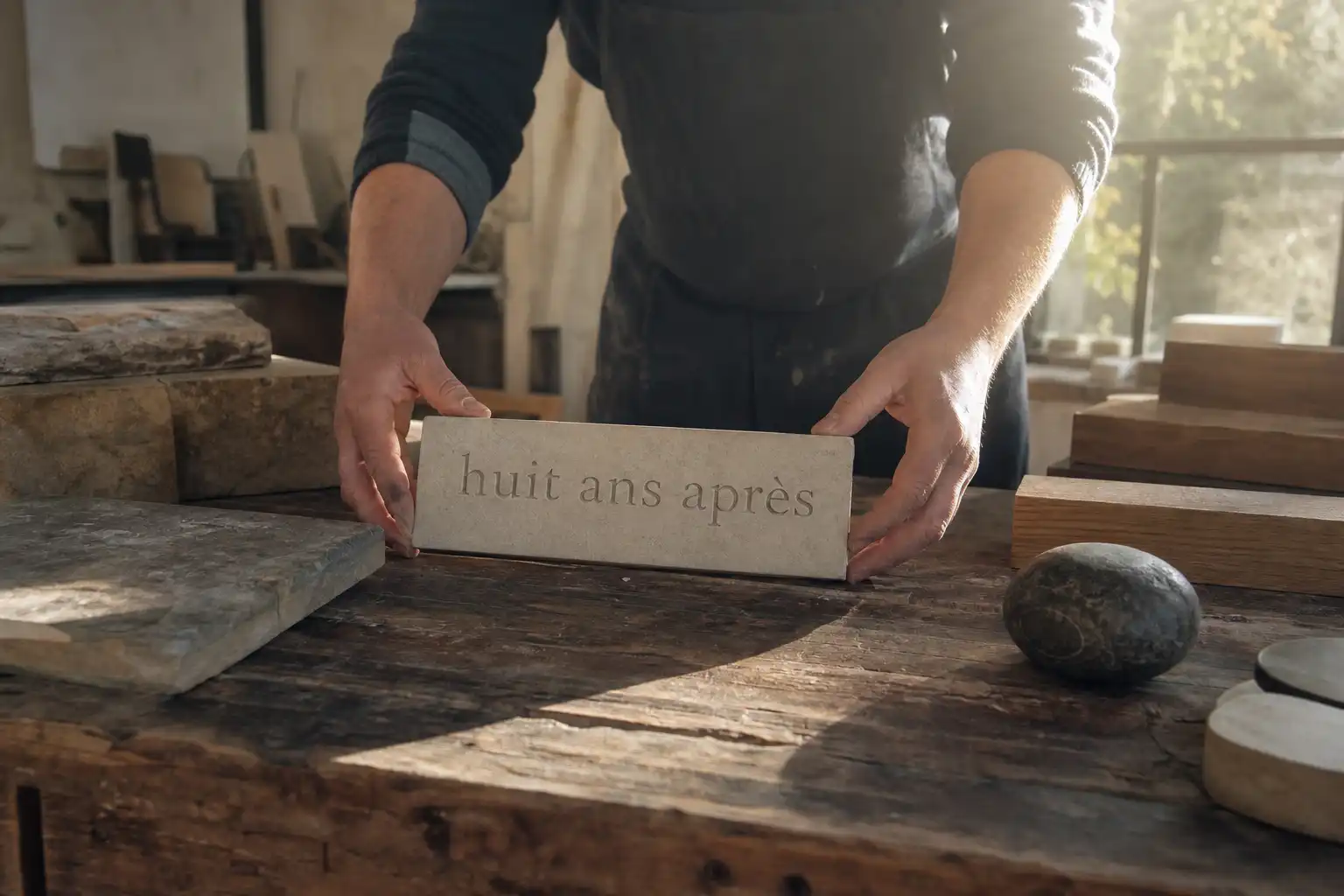 Quelqu'un dispose un objet, autour d'huit ans après, dans un atelier.