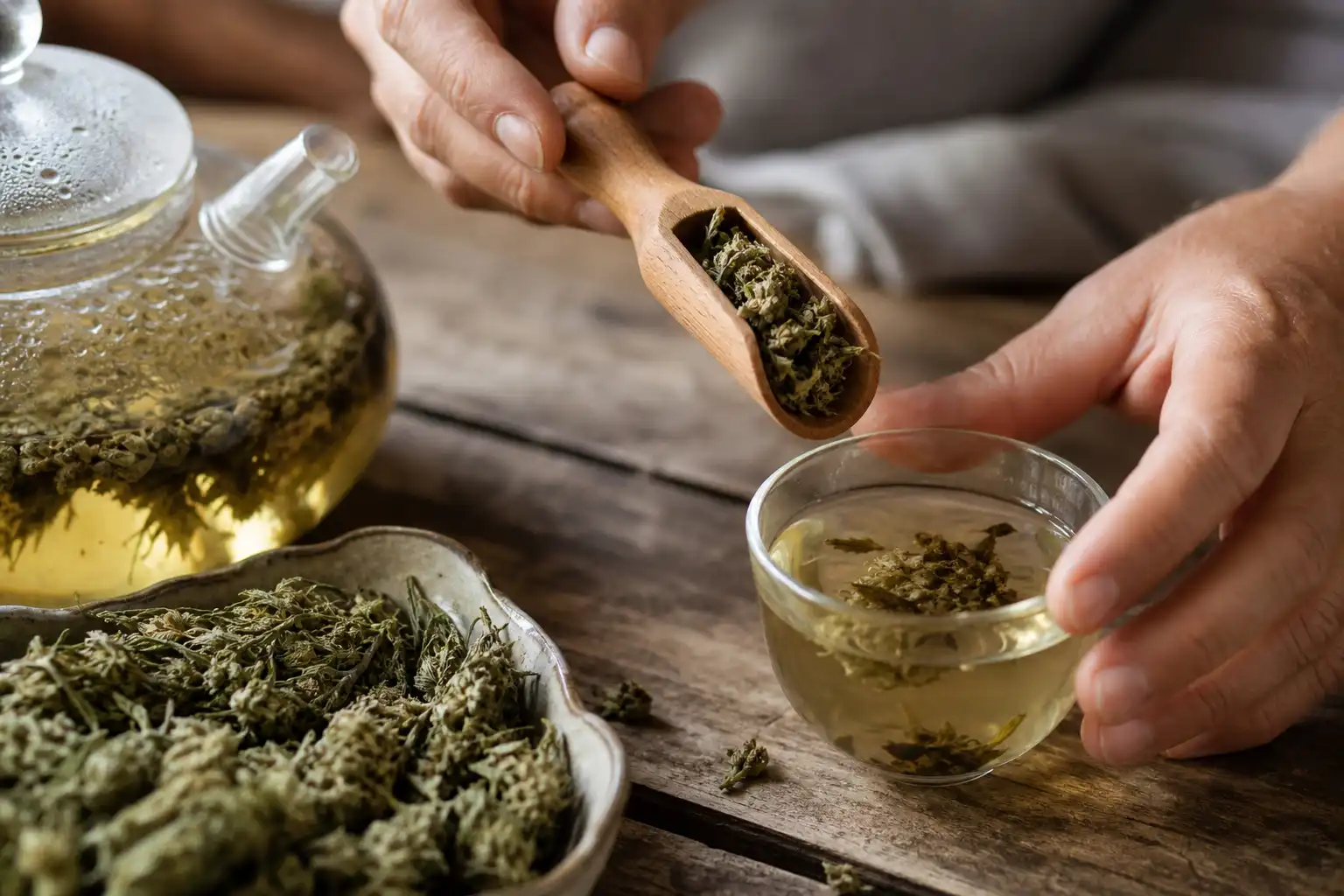 Des mains dosent quelque chose, autour d'une infusion de chanvre et ses fleurs séchées, près d'une table en bois.