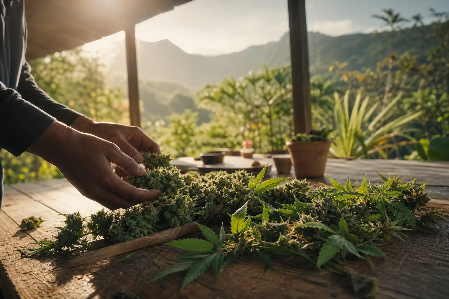 Quelqu'un dispose un objet, autour d'île réunion cannabis, près d'une table en bois.
