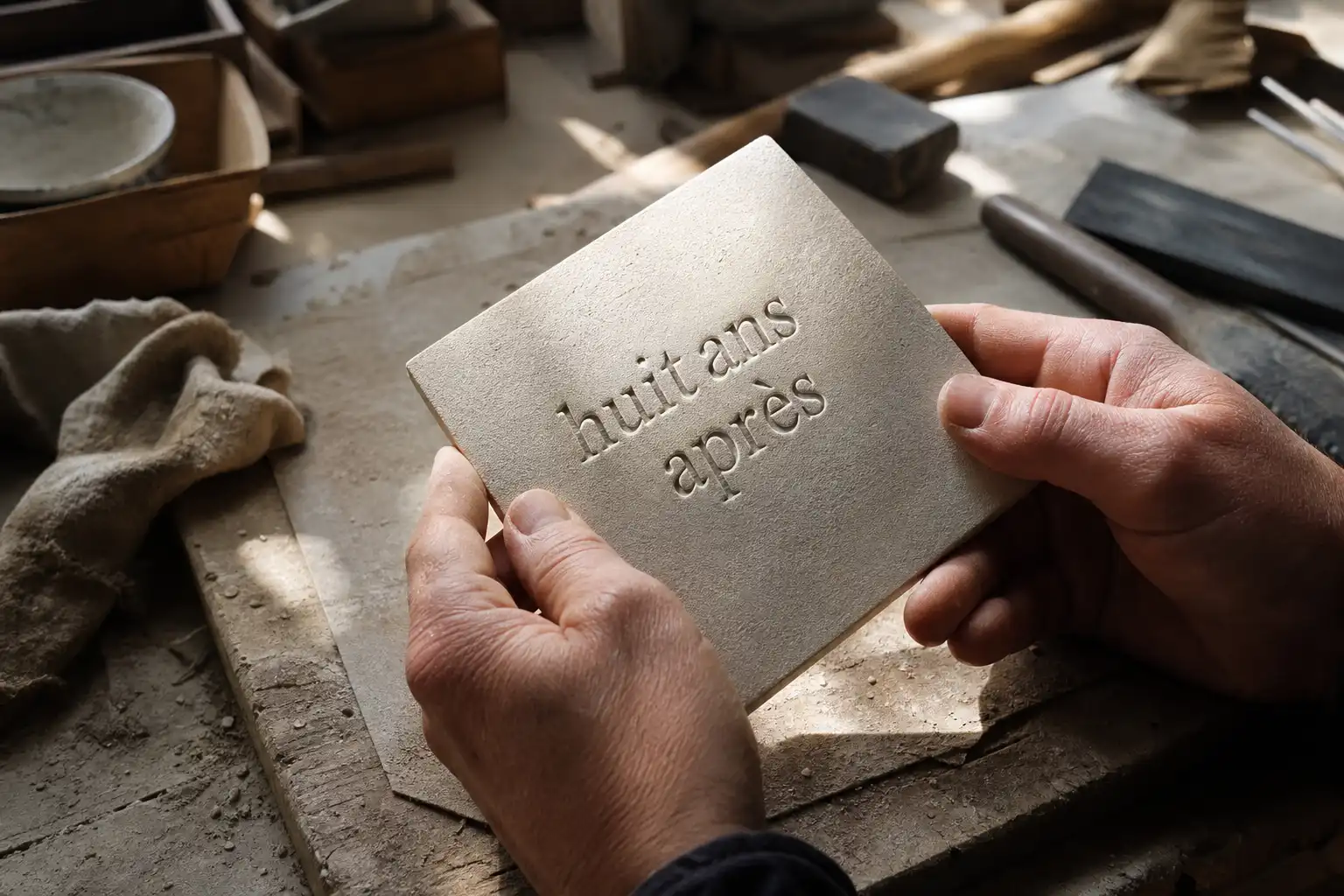 Des mains disposent un objet, autour d'huit ans après, dans un atelier.