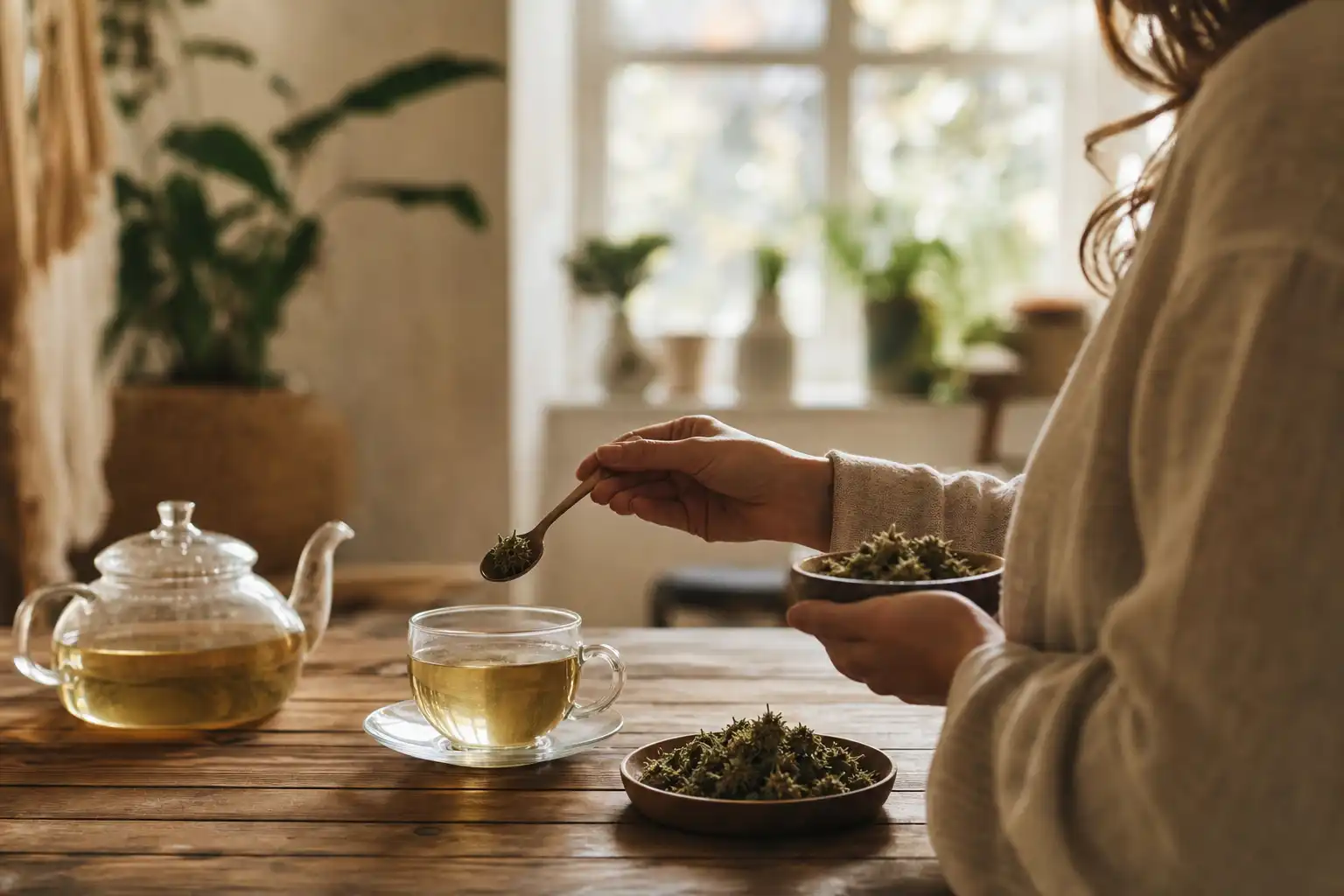 Quelqu'un dose quelque chose, autour d'une infusion de chanvre et ses fleurs séchées, près d'une table en bois.