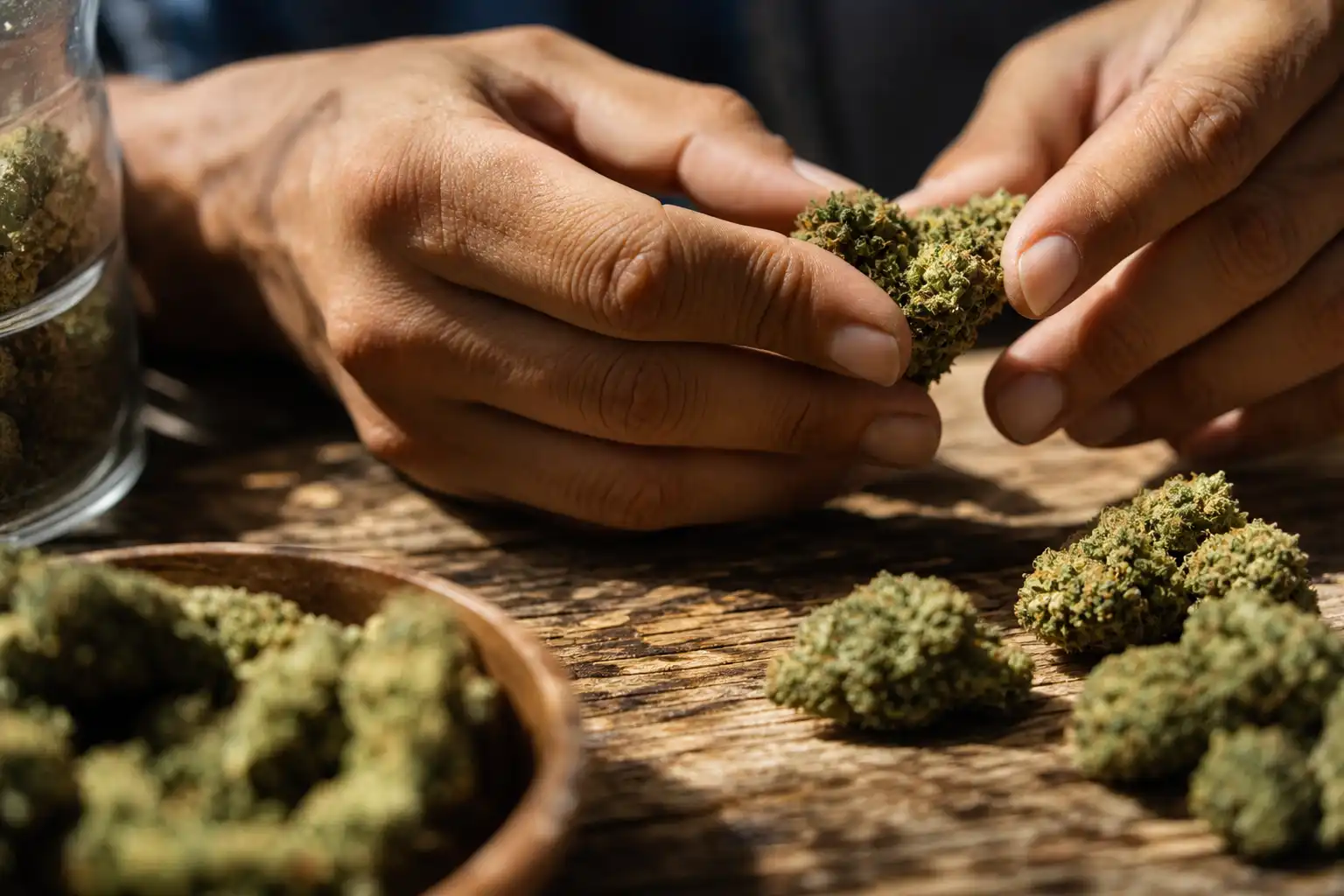 Des mains disposent un objet, autour d'île réunion cannabis, près d'une table en bois.