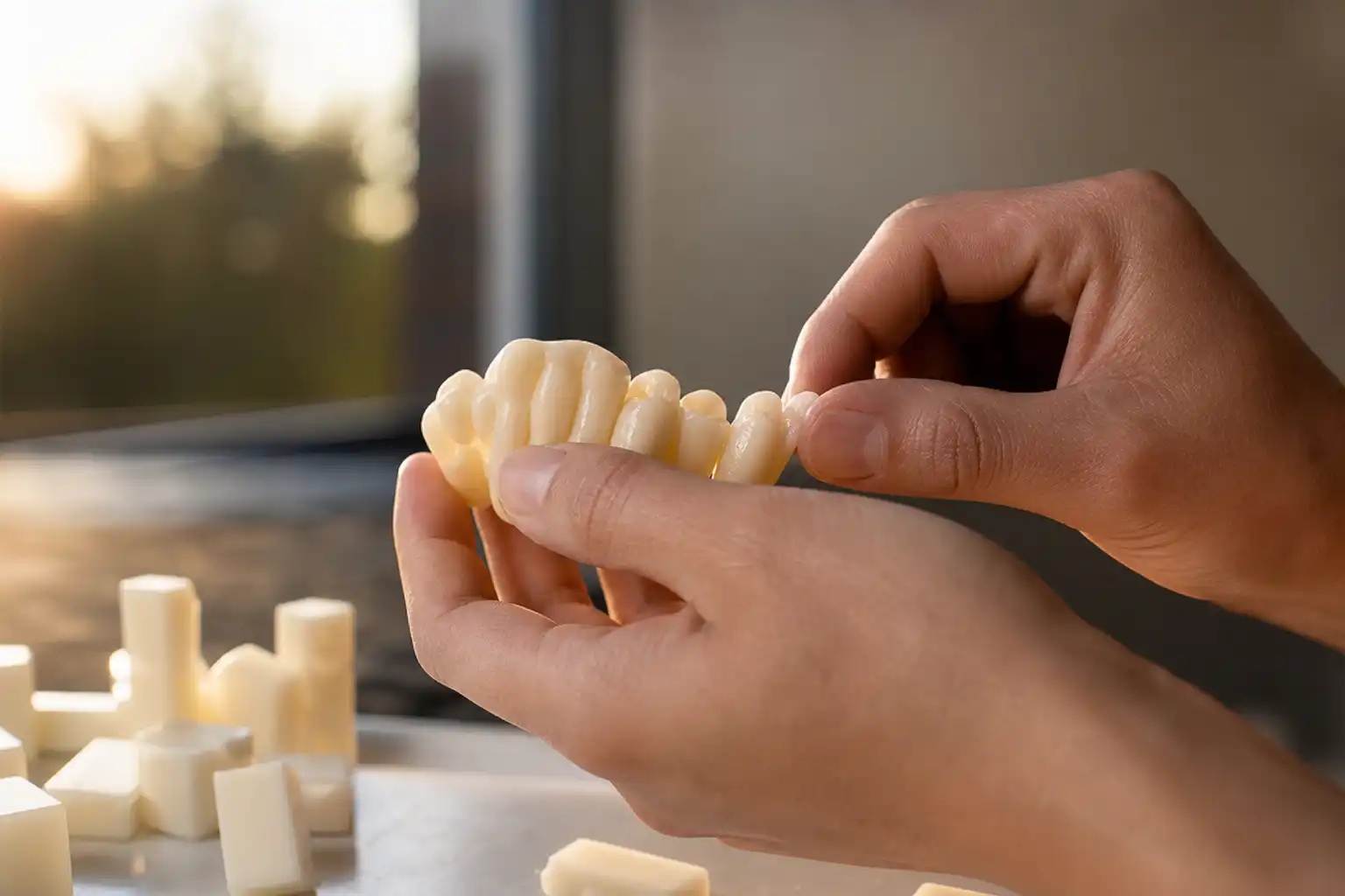 Des mains manipulent un objet, autour d'ivory swiss engage, près d'une fenêtre.