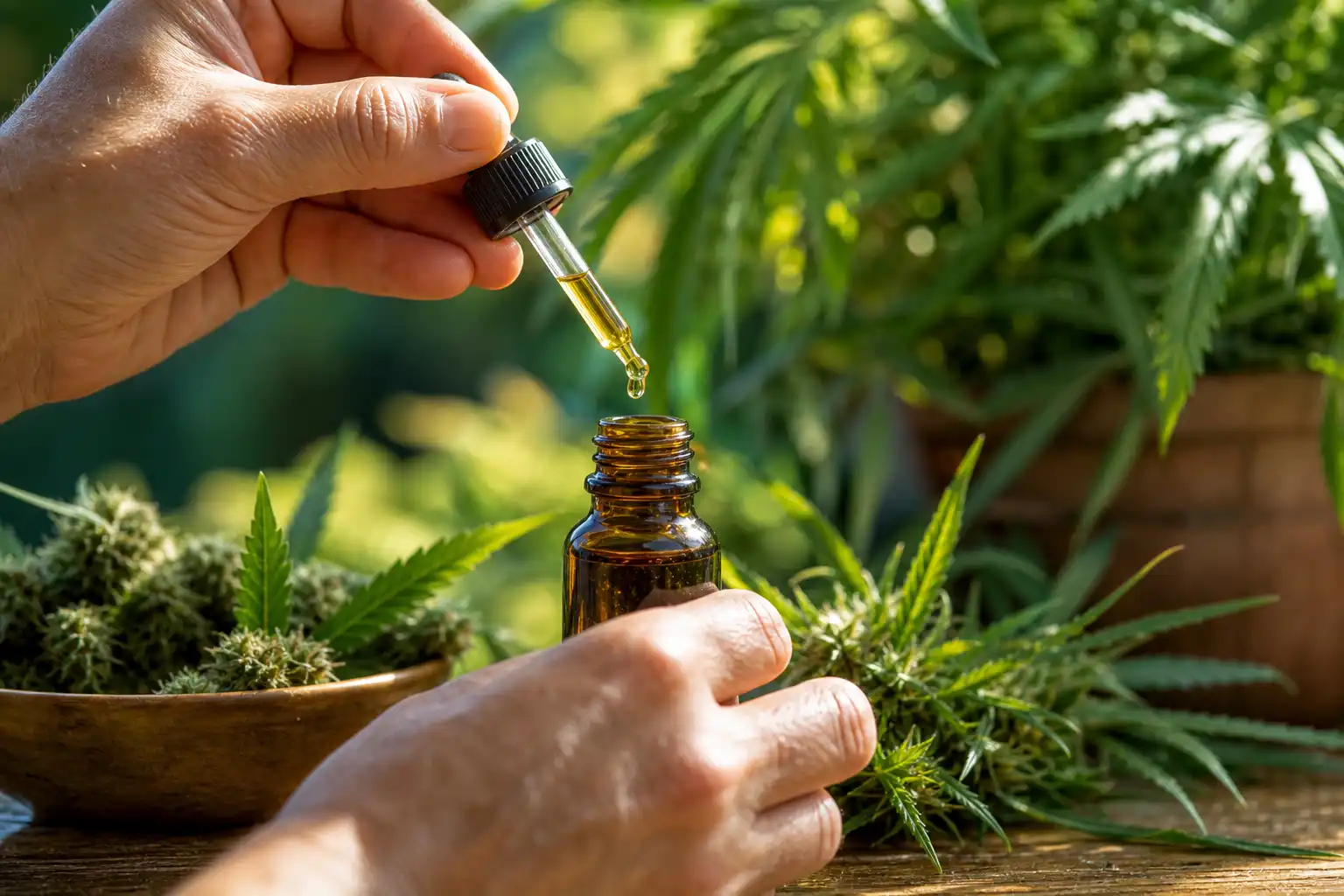 Des mains préparent quelque chose, autour de santé cbd effets, dans un jardin.