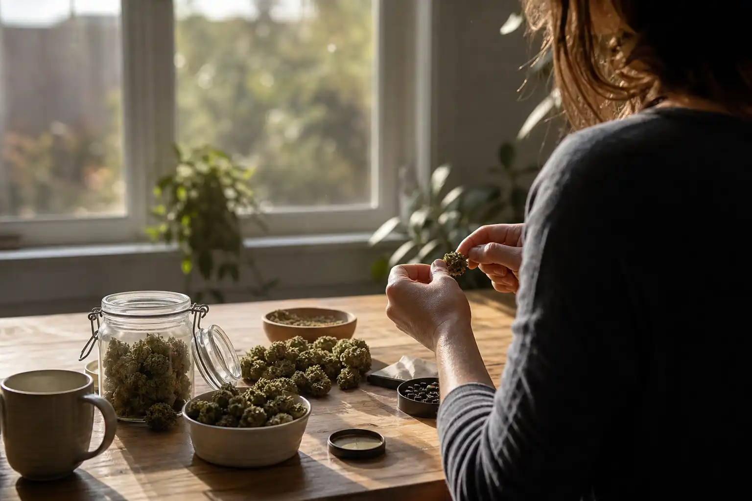 Quelqu'un prépare quelque chose, autour de cannabis médical troisième, près d'une fenêtre.