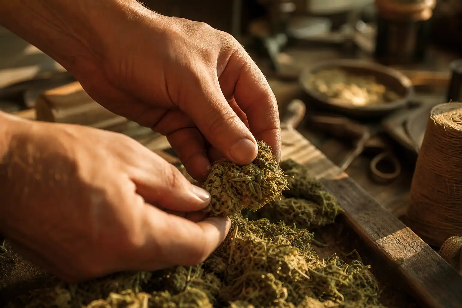 Des mains manipulent un objet, autour de site cbd pas, dans un atelier.