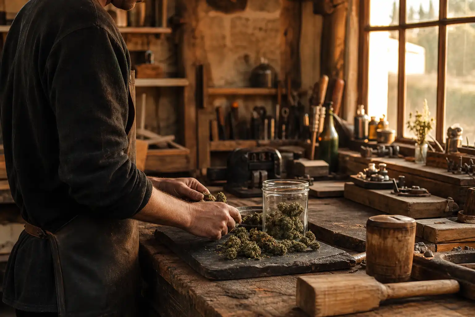 Quelqu'un manipule un objet, autour de site cbd pas, dans un atelier.